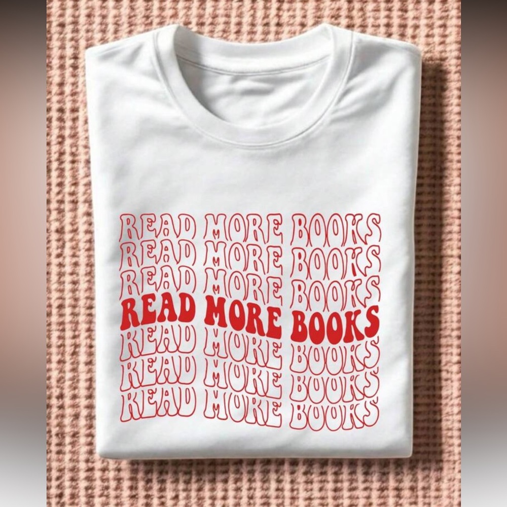 New to Posh C ✏️| Euro Style Women's White Tee with Red 'Read More Books' Design